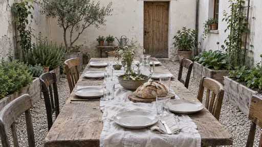 A long wooden table laid with plain plates, glasses, a loaf on a board, a bowl of salad and a jug of water stands between raised beds with mismatched wooden chairs pulled up on both sides in a plaster courtyard in soft noon shade.