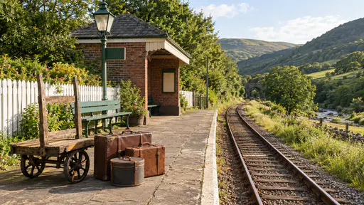 A wooden luggage barrow stands beside two plain leather suitcases and a round hatbox on a small stone railway platform with a white fence, a green bench and a single track beyond in clear midday light.
