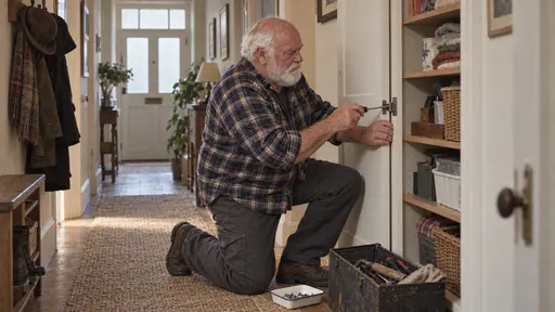 A broad white-bearded man with a bald crown and a gold hoop earring in a checked flannel shirt kneels on one knee beside an open toolbox tightening a loose hinge on a cupboard door with a screwdriver beside a small tray of screws in a hallway in warm light.