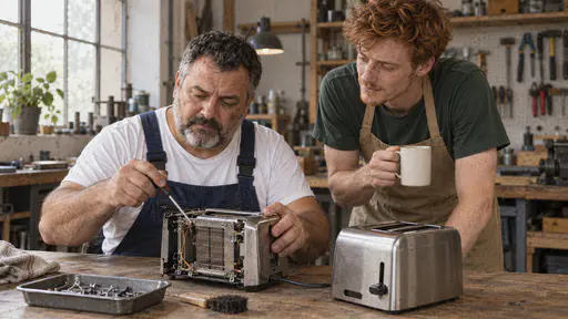 A stocky man with a round face and short grey beard in dark blue overalls sits at a repair table with a small toaster opened in front of him and a screwdriver in one hand while a slim freckled young man with copper-red hair in a tan apron leans beside him watching with a coffee cup and a tray of screws on the table.