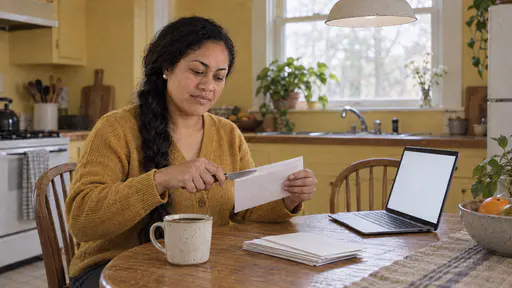 A Samoan woman with a long black braid in a mustard cardigan sits at a round oak kitchen table opening a letter with a butter knife beside a coffee mug and a laptop in bright morning window light.