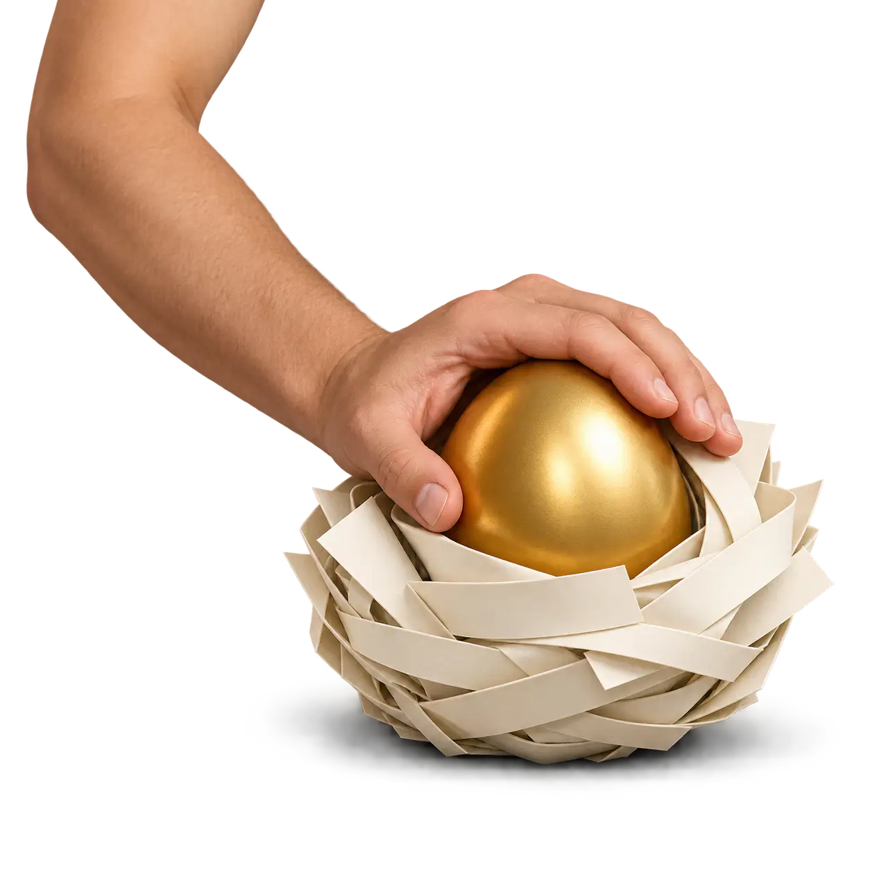 A nest egg: a large smooth golden egg resting in a woven paper nest under a curved sheltering adult hand, resources set aside for future security.