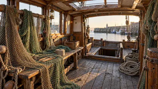 A net-mending loft in the raised stern of an old wooden fishing boat has fishing nets draped over timber frames, a bench with needles and twine and coiled rope on the deck planks with the harbour wall seen through the open hatch in low golden light.