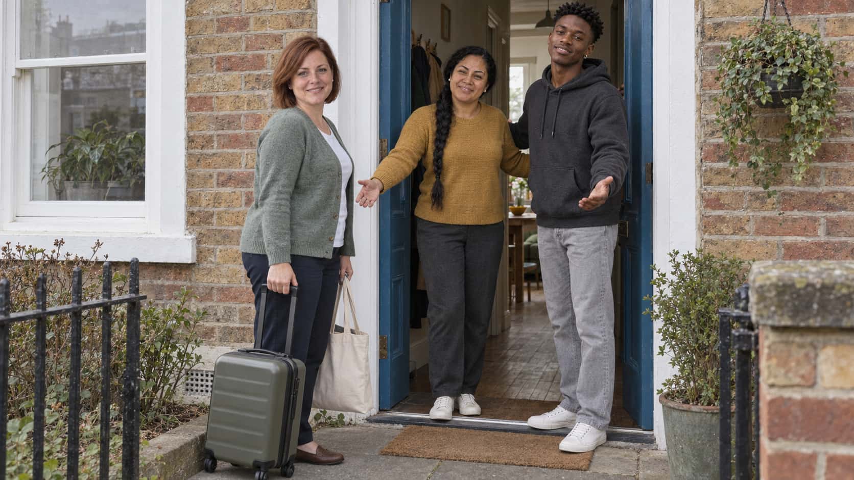 A woman with an auburn bob in a sage-green cardigan holding a small wheeled suitcase and a tote bag stands on a doorstep while a woman with a long braid in a mustard jumper and a young man in a charcoal hoodie open their arms in welcome in the blue doorway.