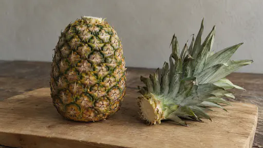 One whole pineapple rests on a plain board in warm side light beside its own detached leafy crown laid flat.