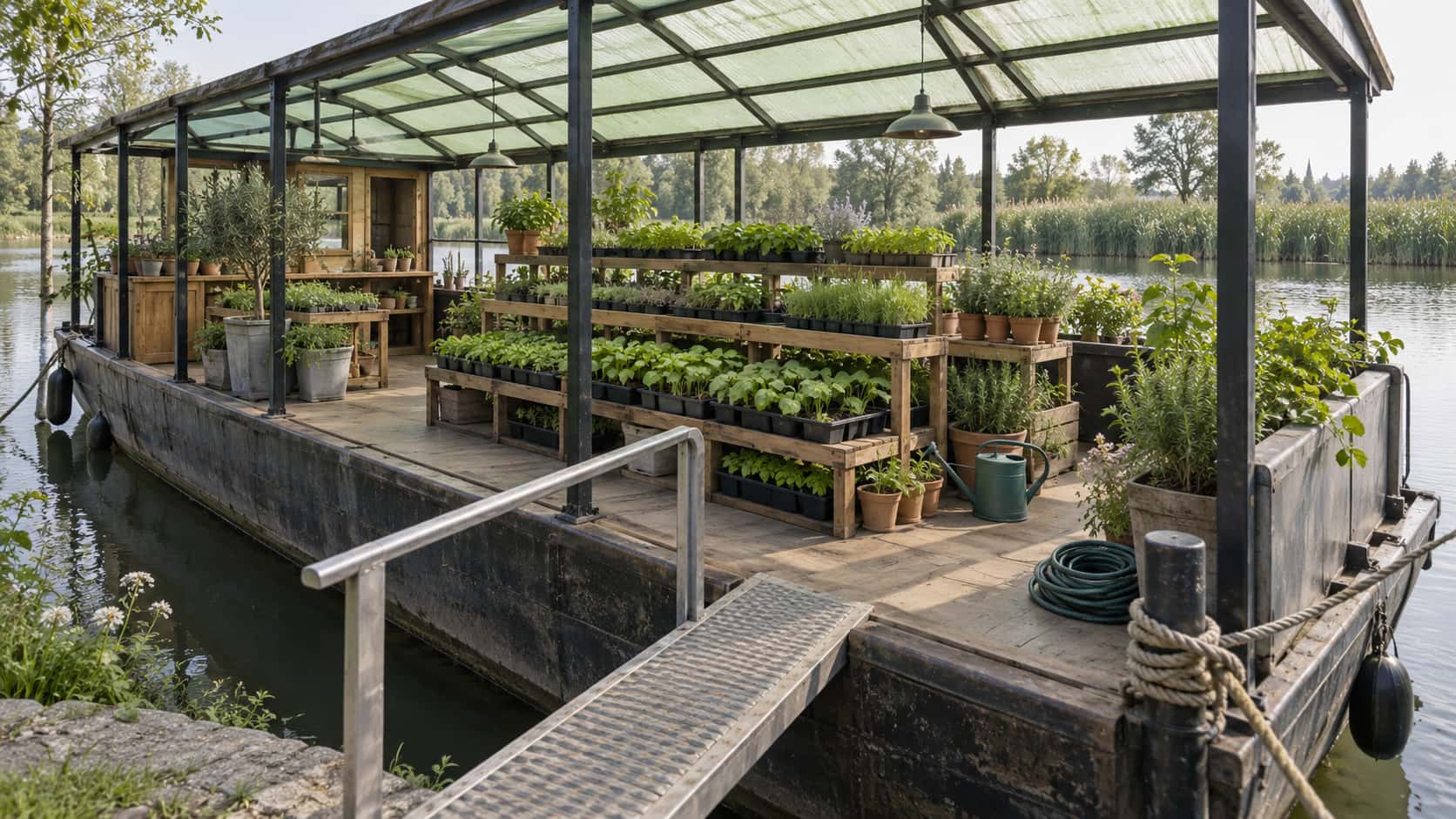 A flat-bottomed barge carries rows of seedling trays and potted herbs on tiered shelves under a translucent polycarbonate roof with a watering can and a coiled hose beside reeds and still water in soft green light.