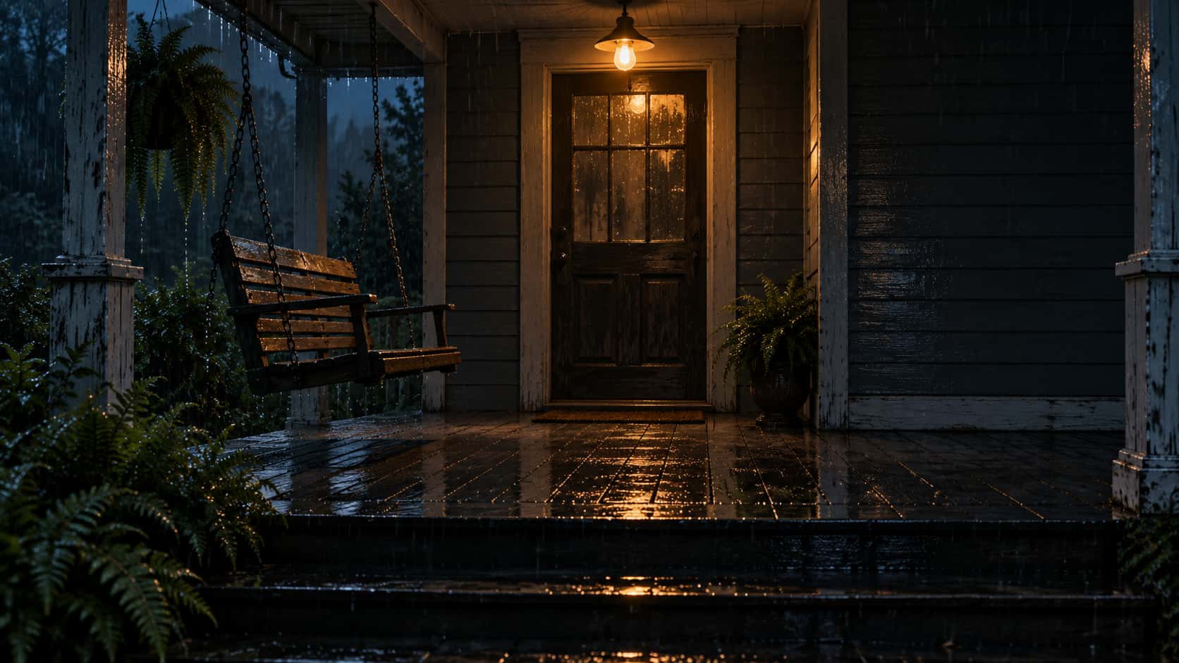 A cinematic photograph of a rain-dark porch at night where an empty wooden swing hangs tilted a few degrees from rest, one chain taut, while the hanging ferns beside it hang perfectly still. A single amber bulb lights the wet boards; the quiet right-hand wall stands plain and dark. A haunted porch Halloween background with the wall as copy space.