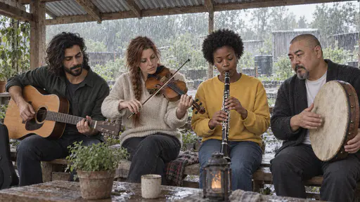 Four musicians sit close on a long bench under the tin roof of an open wooden garden shelter playing guitar, fiddle, clarinet and frame drum while rain falls past the edge onto wet green plants in soft grey light.