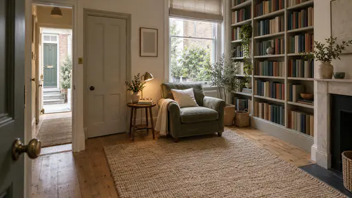 A small quiet ground-floor room has a deep armchair beside a window with a low table holding a reading lamp and spectacles, a wall of books with blank spines and a thick rug in quiet diffuse light.