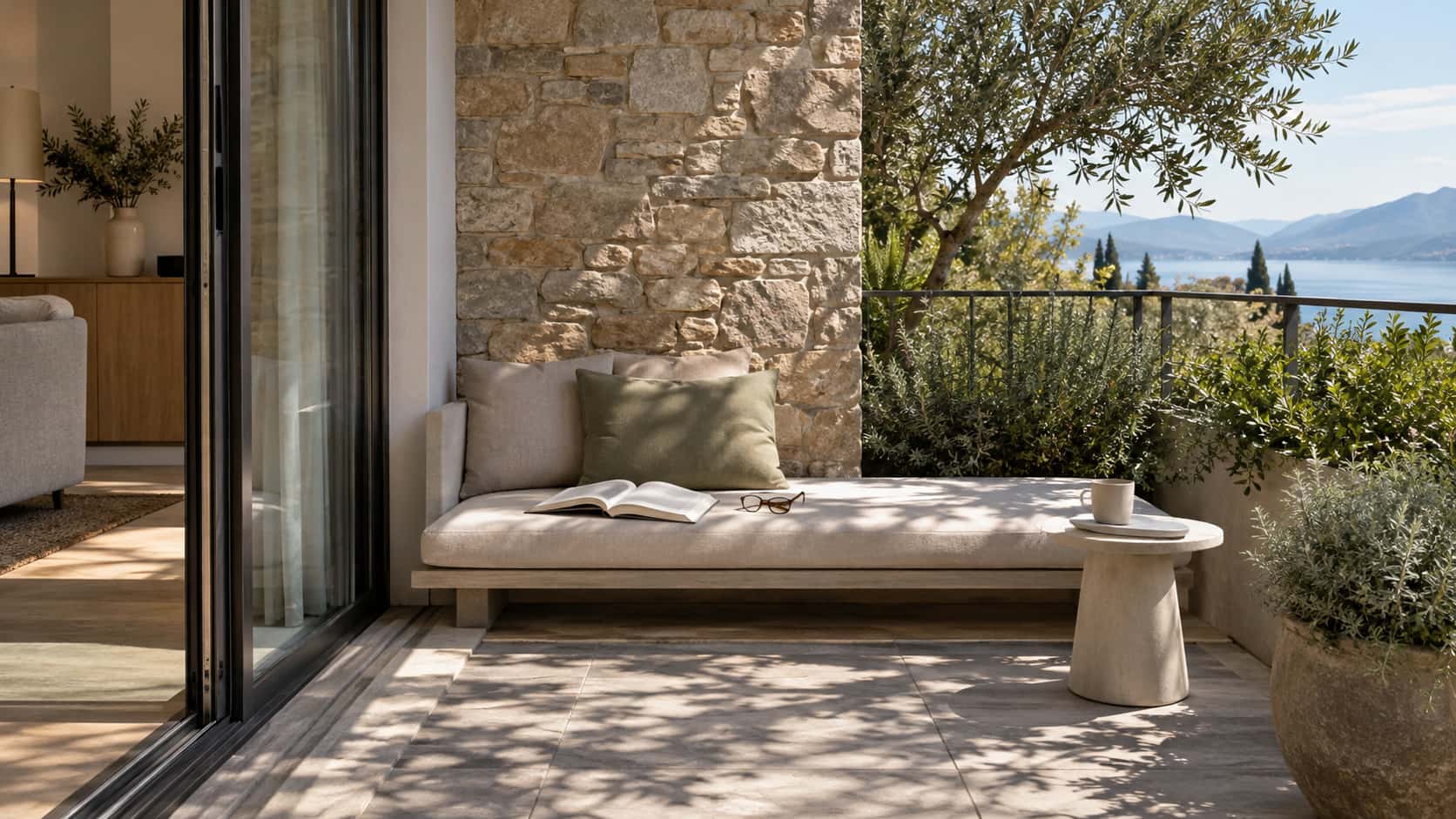 A cushioned terrace bench holds an open blank book laid face down and folded reading glasses, with a small side table and one plain cup.