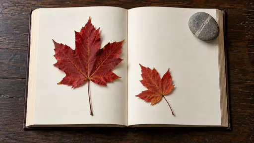 A red autumn leaf lies pressed flat between the open cream pages of a thick book on a dark wooden desk with a smaller leaf and a grey striped pebble paperweight at the edge of the page.