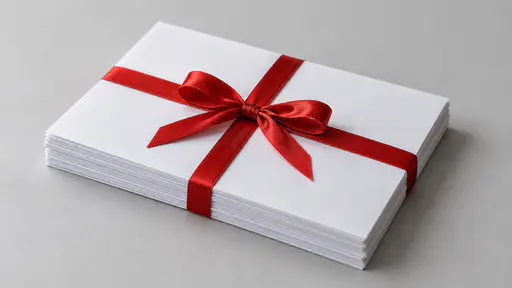 A length of red satin ribbon is wrapped once around a neat stack of about ten blank white sheets lying flat on a plain pale grey surface and tied in a small flat bow on top, seen from a slight high angle.