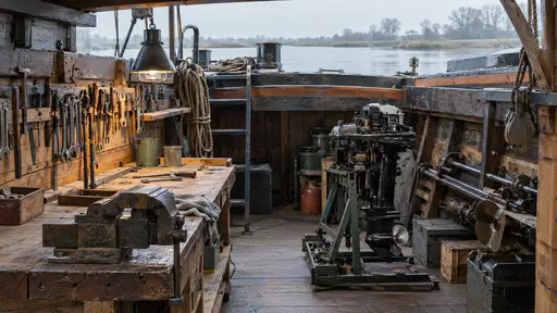A repair workshop fills the hold of an open barge with a heavy workbench, a vice, tools hung on the planked hull wall and a dismantled outboard engine on a stand under shafts of grey light from an open hatch.