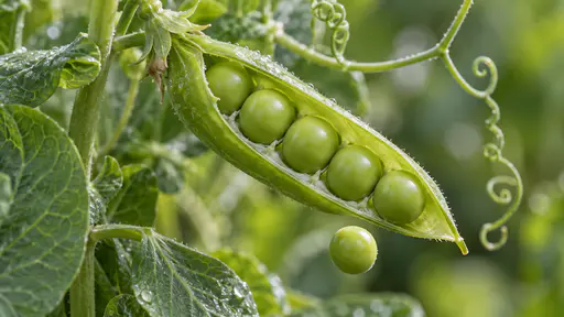 A ripe green pea pod has split open along its seam on the vine with five round green peas exposed in their white-lined cradle and one pea just dropping free among curling tendrils in diffuse morning garden light.
