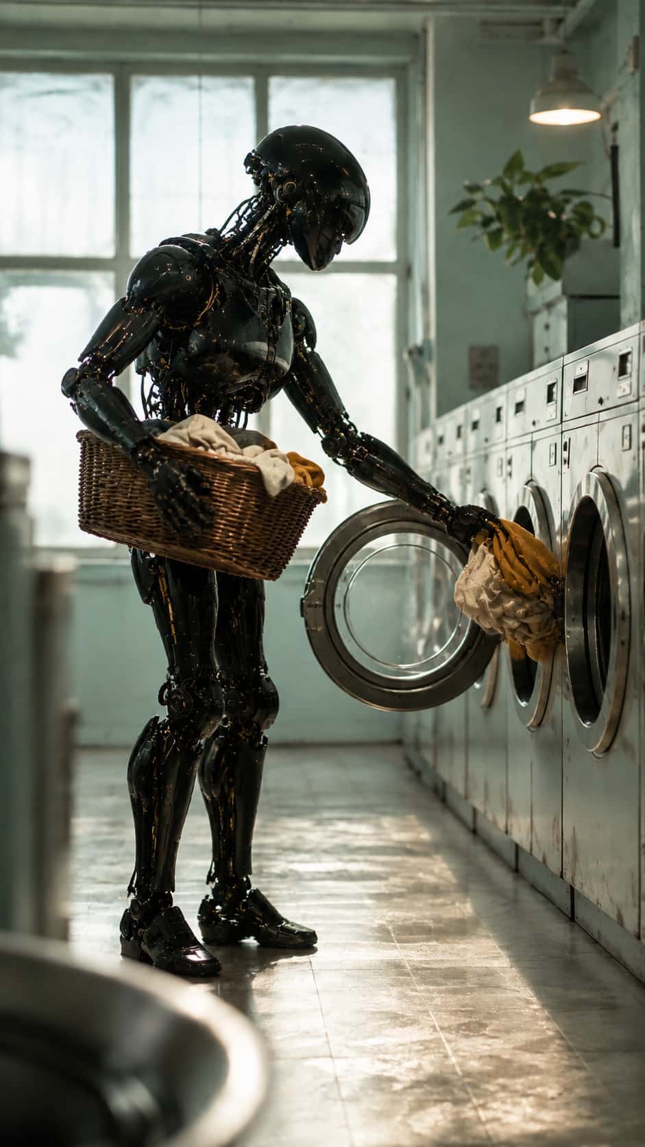 A standing black robot holds a wicker laundry basket and loads cream and ochre clothes into an open washing machine.