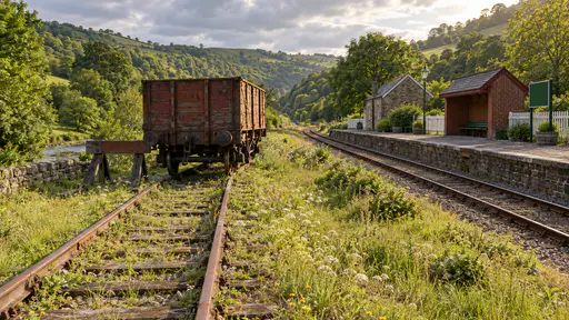 A single rusted goods wagon stands at the end of a short siding with grass and wildflowers between the sleepers and a buffer stop beside a single track in diffuse overcast light in a green valley.