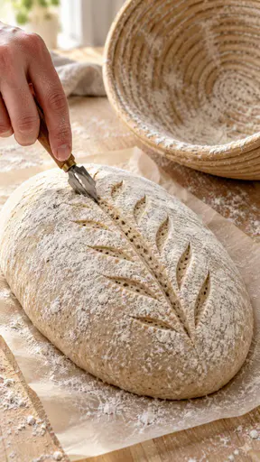 A hand scores a leaf-shaped branching pattern into an oval loaf beside a round proofing basket.