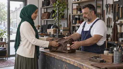A stocky man with a round face and short grey beard in dark blue overalls takes a scuffed brown leather bag across the counter of a small repair shop from a slim woman in an emerald-green hijab and a cream cardigan with a blank colour-banded ticket under the strap in morning window light.