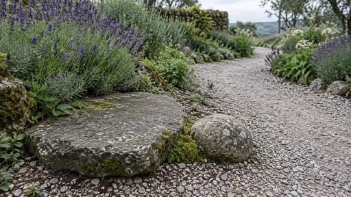 A winding gravel garden path has a large flat stepping stone set to one side with a smaller round stone placed beside it so they sit together without touching, with moss between them and lavender along the edge in low afternoon light.