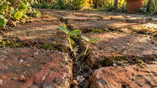 Two tiny tree seedlings with fresh green seed leaves each prise apart a narrow joint between old red bricks in a garden path with thin pale roots visible in the gap and low raking evening light picking out the brick edges.