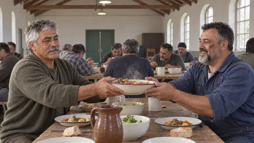 A silver-haired moustached man in an olive cardigan passes a shared dish across a long trestle table to a stocky grey-bearded man in a blue shirt among a crowd of other diners in a timber-beamed hall with green double doors behind in bright light.