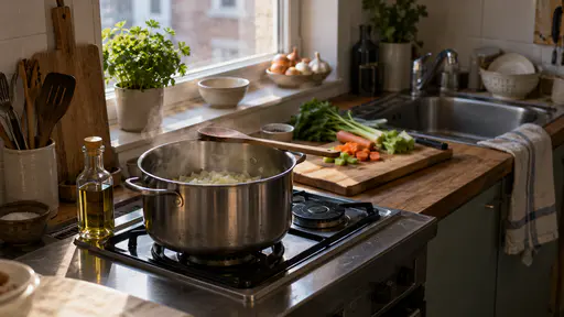 In cool window light a single large steel pot begins a one-pot stew on the front burner of a small two-burner hob with first wisps of steam rising from chopped onions and a wooden spoon across the rim beside a small bottle of oil.