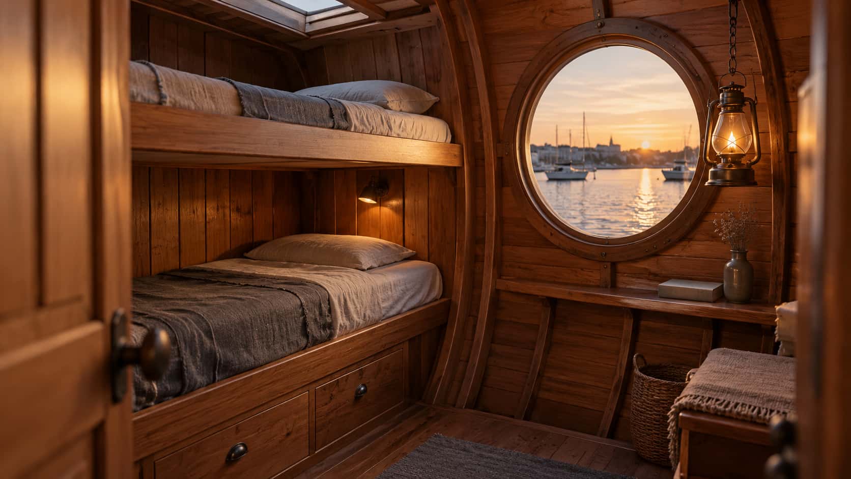 A compact sleeping cabin inside a houseboat has a built-in double bunk with folded linen, a small drawer unit, a round window with the harbour at the waterline and a hanging oil lamp between timber walls that curve with the hull in warm evening light.