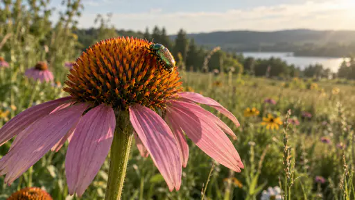 A small shiny green-bronze beetle crawls across the spikes of the orange cone of a large pink coneflower with its wing cases closed and a thin dusting of golden pollen on its back in low side light.