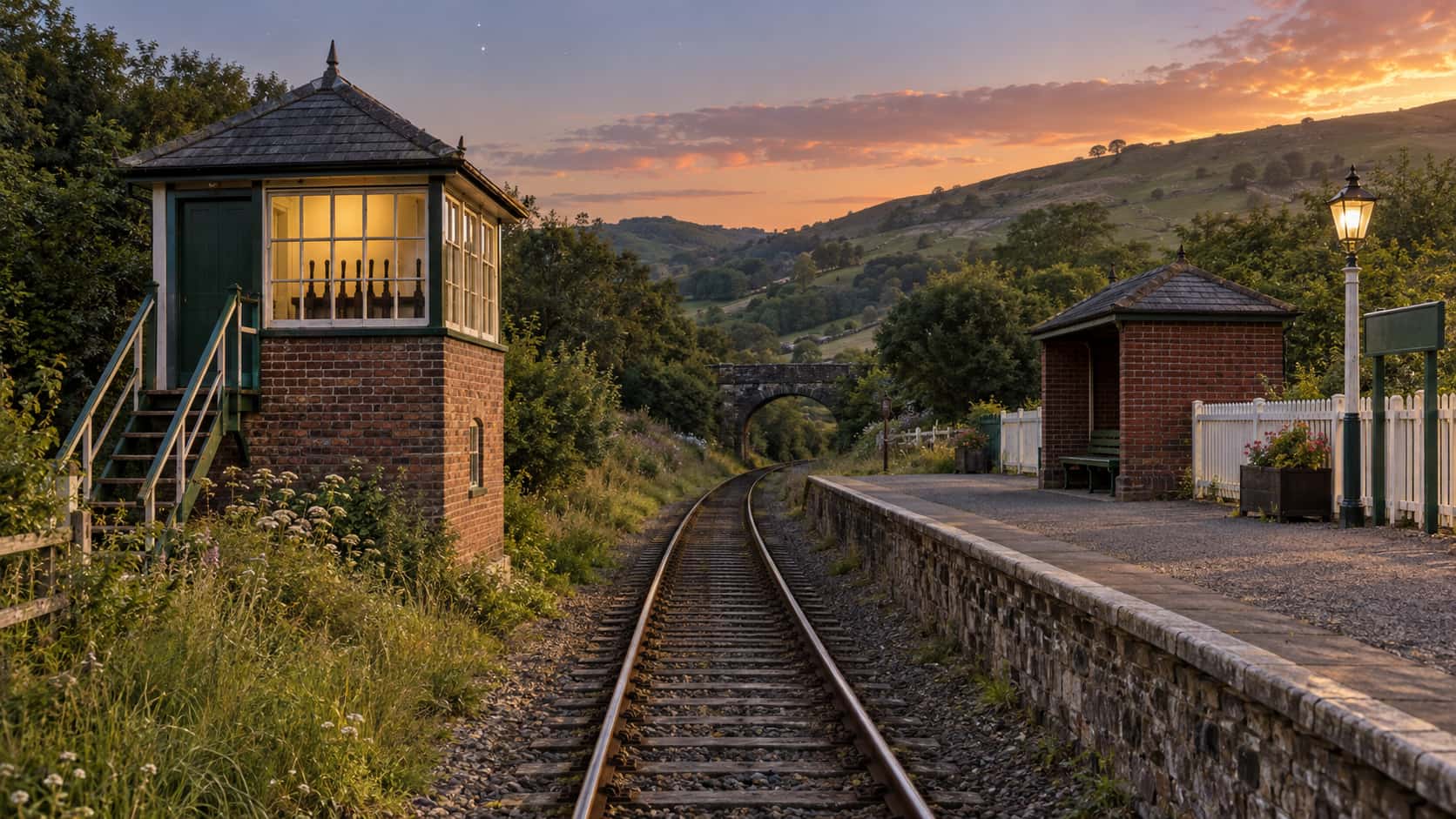 A small brick signal box with a pitched slate roof and external timber steps stands beside a single railway track with its window glowing warm yellow in soft dusk light and tall grass at its base.