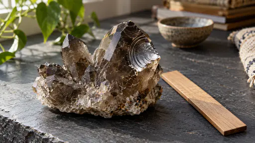 A cluster of dark glassy smoky quartz crystals with a smooth curved conchoidal fracture face showing concentric ripples on the largest crystal rests on a dark slate bench beside a plain wooden ruler in soft top light.