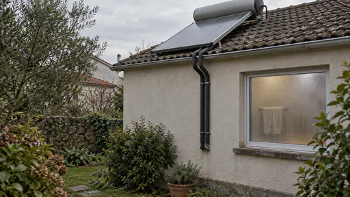 A flat solar water-heater panel angled on the roof of a small house sends a pair of insulated pipes down the wall above a bathroom window fogged with steam with a towel on a rail inside in warm afternoon light.