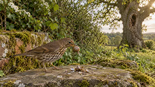 A song thrush stands on a flat stone beside a low mossy wall holding a garden snail in its beak with fragments of broken snail shell scattered around the stone in bright overcast light.