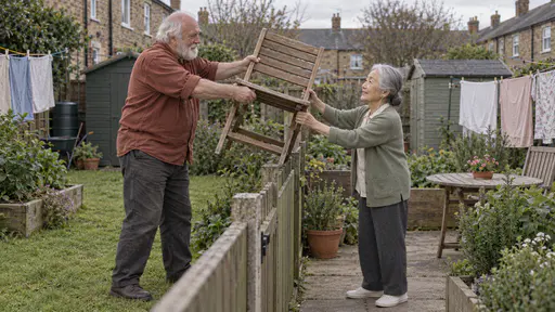 A broad man in his late sixties with a thick white beard in a rust-coloured work shirt lifts a plain wooden folding chair up and over a low garden fence with both hands while a very small woman in her early eighties with silver-white hair in a low bun in a sage cardigan reaches up with both hands to steady it on her side in soft late-afternoon light.