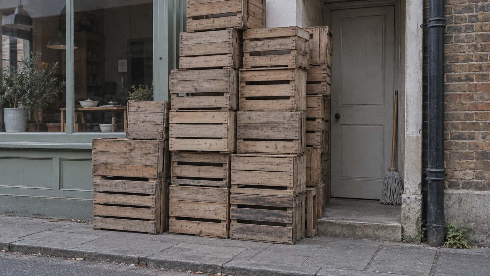 A tall stack of plain wooden crates grows up the side of a shopfront and across the front of a narrow doorway beside it leaving only a gap too narrow to pass with a closed blank door and a mop visible behind in flat daylight.