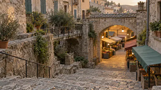A stone stair flight with a footbridge across a small gap descends to a lower street where a plain arched covered market entrance glows warm inside between shuttered house fronts in golden evening light.