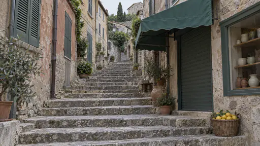 A flight of stone stairs passes under a small faded green shop awning halfway up a hillside with a shopfront window of plain pottery and a basket of lemons on the step beside it between shuttered house fronts in soft midday light.