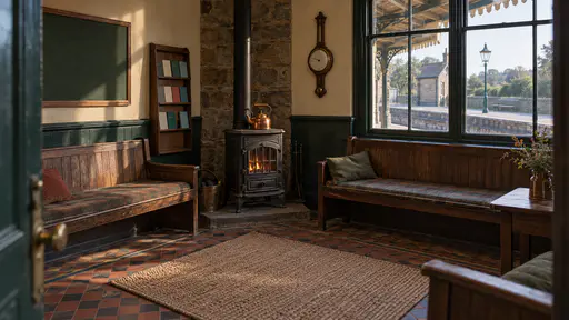 A small station waiting room has a cast-iron stove with a copper kettle, long wooden settles with worn cushions and a tall window onto an empty platform with a barometer on the wall in warm low light.