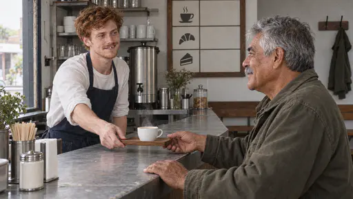 A freckled server in a navy apron slides a steaming white cup on a small wooden tray across a zinc counter to a silver-haired moustached man in an olive jacket who reaches for it from the other end in soft side light.