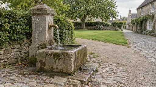 A small stone drinking fountain with a single brass spout trickles clear water into a worn stone basin at the edge of a village green where a gravel path meets a cobbled lane in bright midday light.