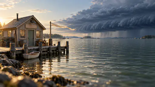 A storm on the horizon: a small orderly seaside workshop bathed in clear morning light in the foreground, a calm pale sea between, and one dense dark storm front advancing across the distant horizon, the metaphor for trouble that appears to be approaching.