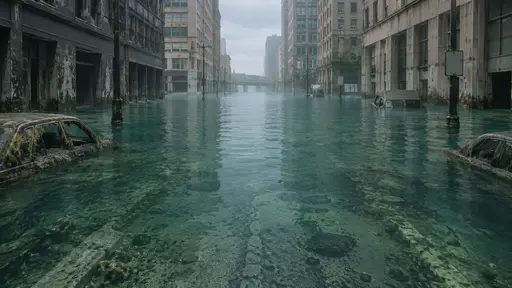 A submerged avenue runs straight between tall dark building facades with its road surface still visible under a thin layer of silt in deep green-blue water.