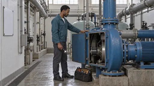 A tall bearded technician in a teal work jacket stands beside a large blue pump unit with its access panel open in a tiled pool pump room with a toolbag at his feet and pipes along the ceiling in cool light.