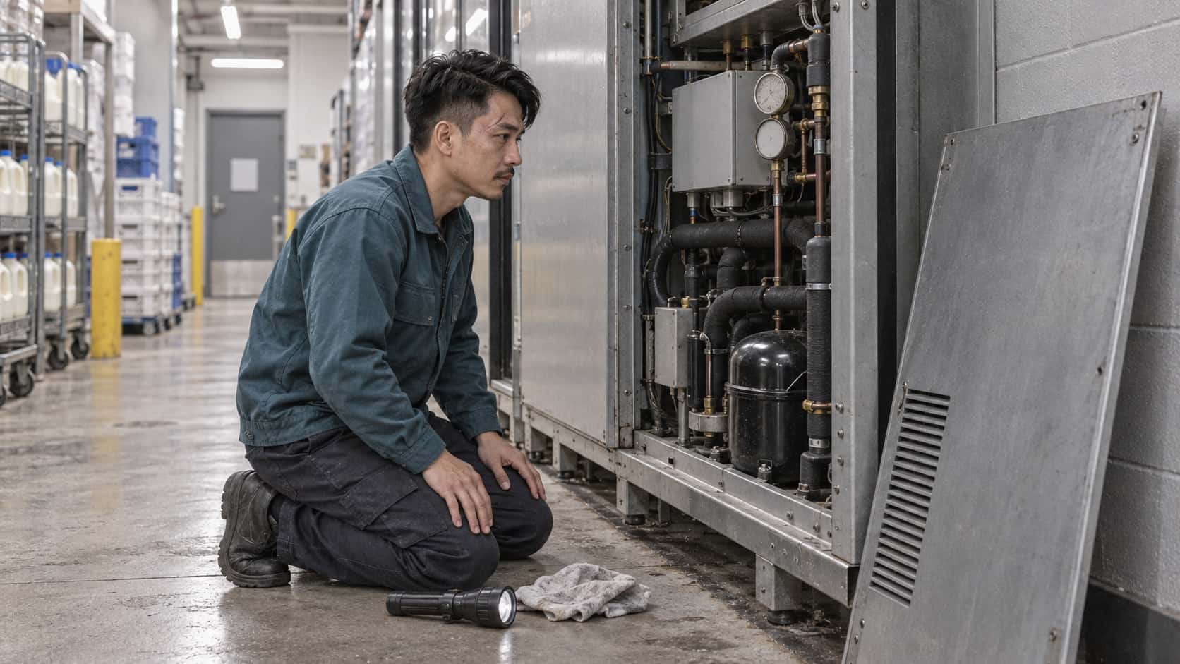 A wiry technician in a teal work jacket kneels beside the open back of a tall commercial chiller with its rear panel leaned against the wall behind a supermarket aisle with a torch and cloth on the floor in bright cold light.
