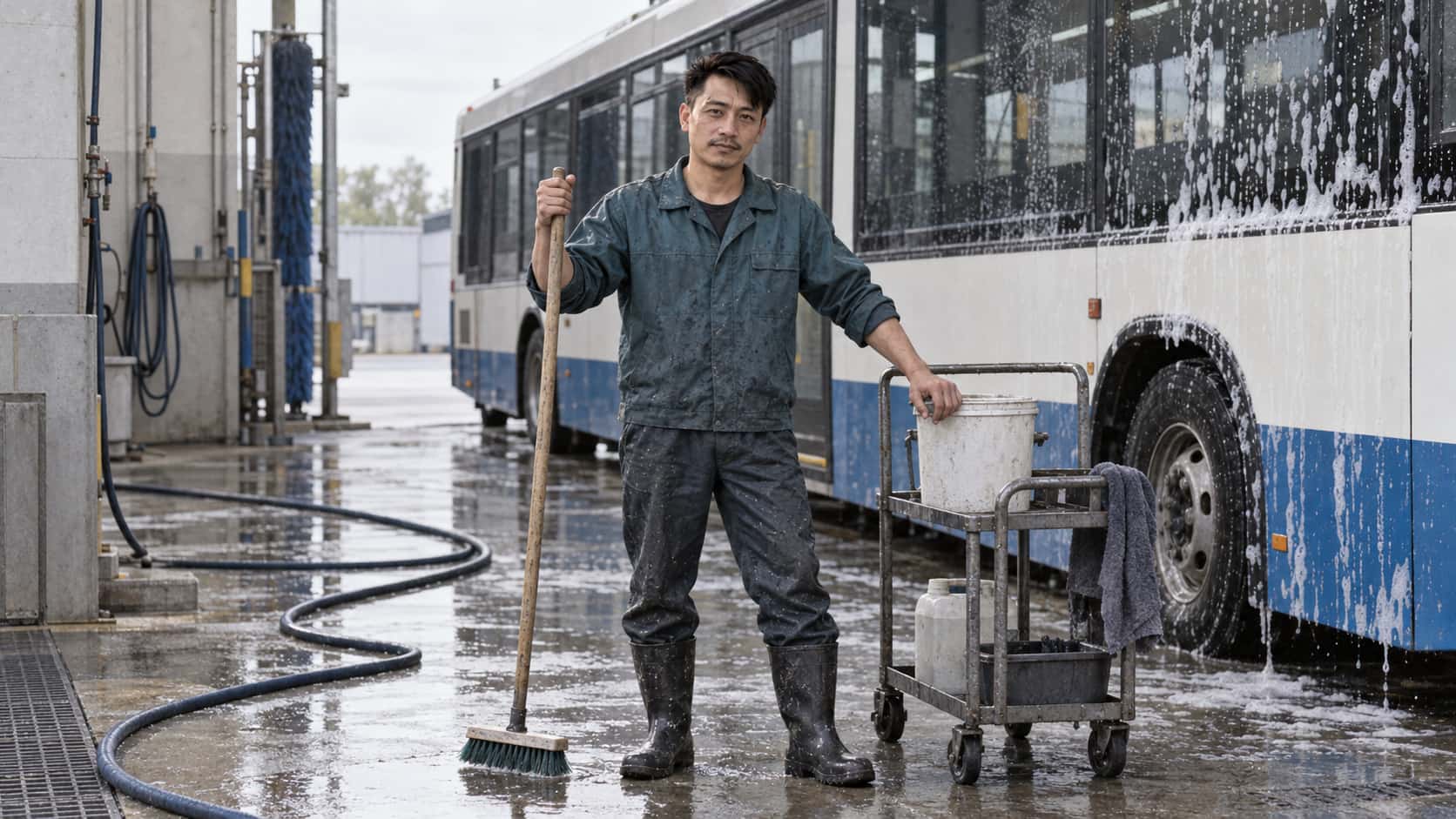 A wiry technician in a teal work jacket holds a long-handled brush upright in a bus depot washdown bay with a coiled hose on the wet floor and a half-washed bus with soap suds behind him in bright morning light.