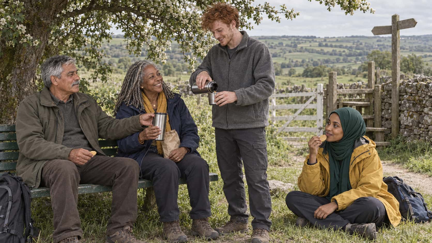 Four walkers share a steel thermos and a paper bag of biscuits at a green slatted bench under a hawthorn, two seated on the bench, one pouring and one sitting on the grass in dappled light.