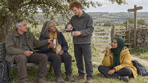 Four walkers share a steel thermos and a paper bag of biscuits at a green slatted bench under a hawthorn, two seated on the bench, one pouring and one sitting on the grass in dappled light.
