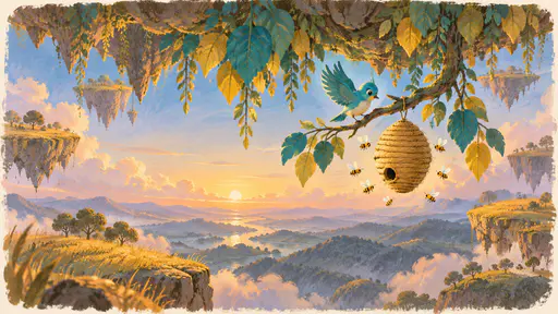 A small vivid turquoise bird lands on a hanging branch of a downward forest beside a round beehive hanging by a cord with golden bees circling it in warm light under large turquoise and gold leaves and the underside of a floating island.