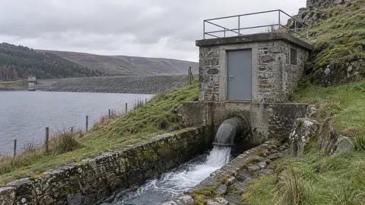 A small concrete and stone valve house is built half into a grassy hillside above a reservoir embankment with a thick pipe emerging from its base and a stone-lined outflow channel carrying clear water downhill in cool grey light.