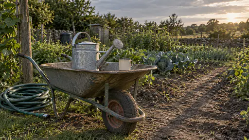 A filled galvanised watering can and a plain drinking cup stand side by side on a garden wheelbarrow at the end of a vegetable row with long shadows across the soil and a hose coiled beside it in low evening sun.