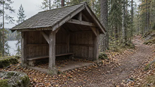 A small wayside timber rest shelter with one steep roof and a fixed plain bench stands beside a forest path with fallen leaves on its floor in low afternoon light.